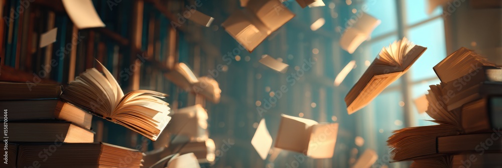 Aufkleber Floating Open Books Create a Magical Atmosphere in a Serene Library Setting With Soft Light and Shadows