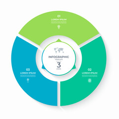 Vector infographic circle divided into 3 steps. Cycle diagram with 3 options. Round chart that can be used for report, business analytics, data visualization and presentation, educational content.