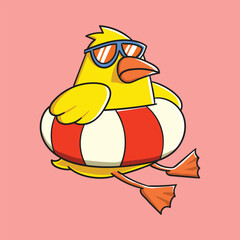 Duck Cartoon Relaxing at Sunset with Sunglasses and Swim Ring