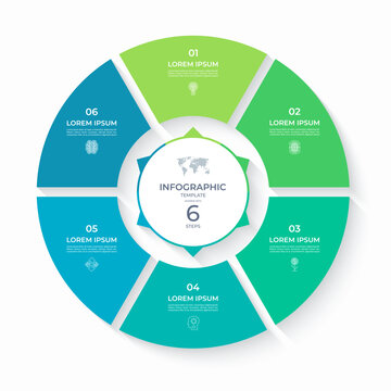Vector infographic circle divided into 6 steps. Cycle diagram with 6 options. Round chart that can be used for report, business analytics, data visualization and presentation, educational content.