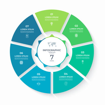 Vector infographic circle divided into 7 steps. Cycle diagram with 7 options. Round chart that can be used for report, business analytics, data visualization and presentation, educational content.