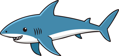 Cartoon illustration of a smiling, blue shark swimming with fins extended.