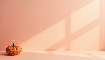 Small pumpkin in basket on pastel background with sunlight, with space for text