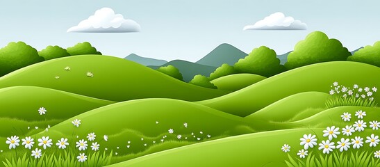 Obraz premium Scenic cartoon countryside with rolling hills, flowers, and clear sky