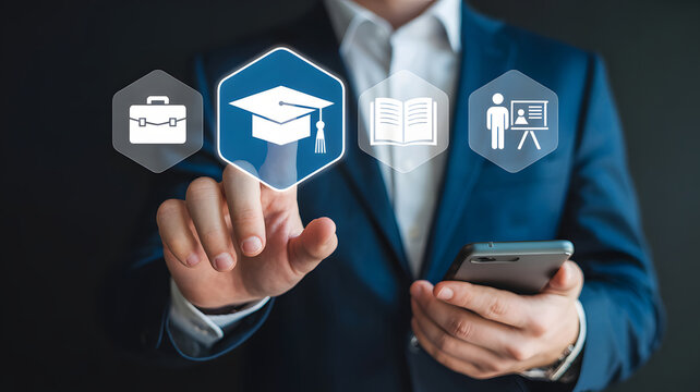 Businessman uses digital interface for online education, accessing learning, career options and course materials on mobile, creating opportunities.