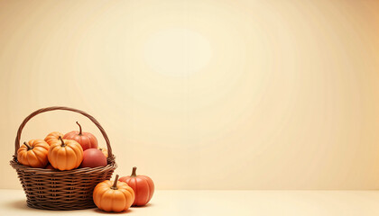 Pumpkins and an apple in a basket on light beige background, with space for text