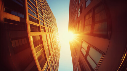 Modern skyscrapers reflecting warm sunlight at sunset, creating an abstract geometric pattern with a fisheye lens effect