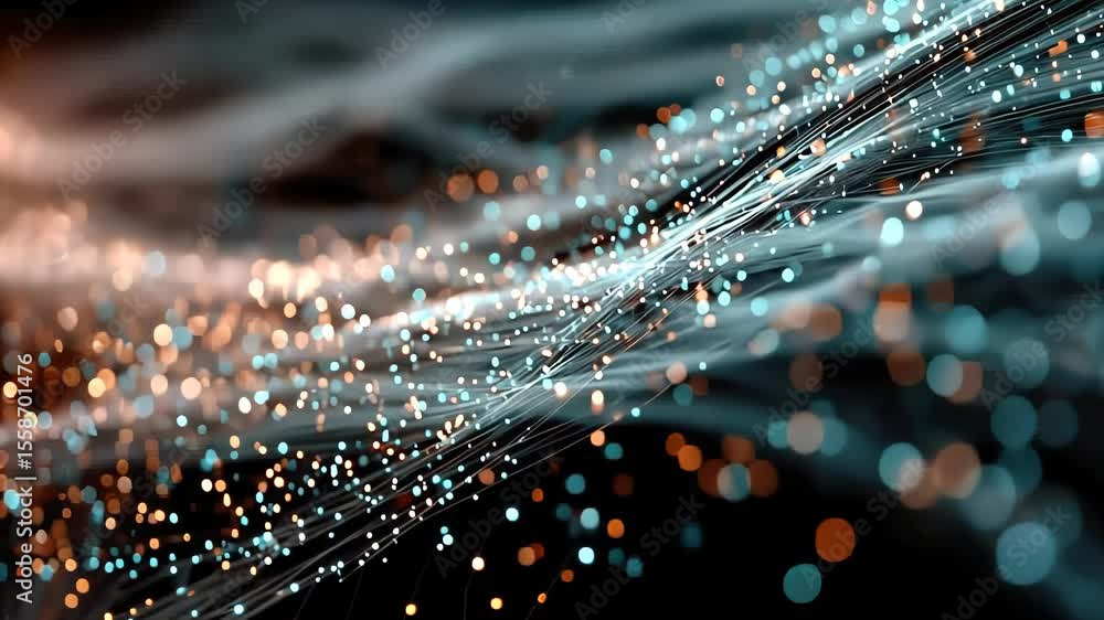 Poster dynamic stream of glowing abstract particles flowing over a dark surface in an energetic motion blur