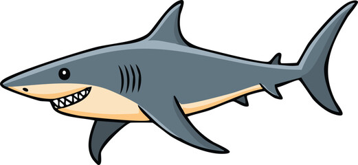 Cartoon illustration of a grey shark with a friendly smile and sharp teeth.