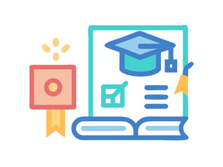 Academic achievement: graduation ceremony and library resources. This graphic depicts a graduation ceremony and a library, highlighting a celebratory and educational environment.