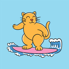 Yellow Cartoon Cat Surfing on Ocean Waves with a Happy Face