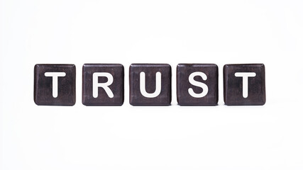 The concept word TRUST is assembled from wooden cubes. Investment based on trust concept