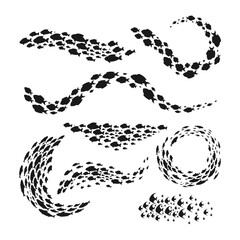 Set of school of fish silhouette set collection, Black flock fish. Swirling fish shoals creating dynamic shape in the ocean. Underwater and marine life schools form frame and border illustration