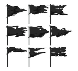 Set of ripped flag silhouette set collection, Blank torn pirate flag icon, waving old torned flag, ripped banner and grunge. pirate flag, isolated on white background vector illustration.