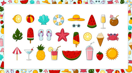Cute Summer Cartoon Doodle Vector Icon Set. Fun Hand-Drawn Vacation Summer Elements collection isolated on white background. Travel Items for Posters, Patterns, Stickers, and Design Projects.