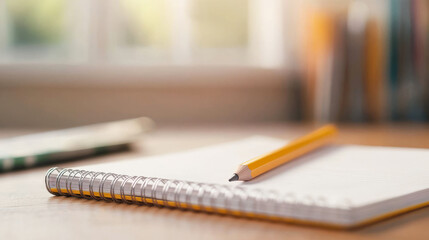 Open spiral notebook with a pencil on a wooden desk, suggesting a study or creative writing session in a bright and airy setting