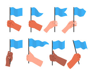 Set of hand holding flag set collection, protest demostration or picket concept, blue flag cartoon, raised waving flag held by hand, isolated on white background, vector illustration.