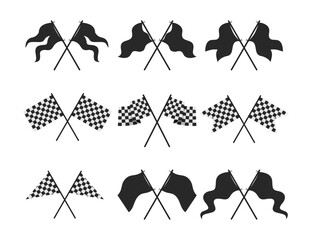 Set of crossed flags silhouette set collection with twin crossed checkered racing flag, crossed finish line symbol flat design, flagpole waving flag isolated on white background, vector illustration.