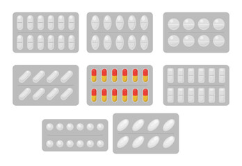Set of blister pack of pills set collection, blister packaging, Medical drugs package, pharmacy remedies, round pills and oval capsules in plastic and foil pack vector illustration