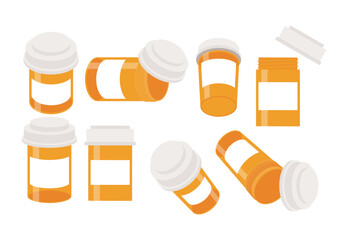 Set of prescription bottle set collection, Medical Dosage Bottle Pack, Pharmacy Painkiller Pill Container,  healthcare medical cartoon element, medication dose drug pill or dose aspirin vitamin vector