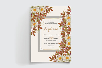WEDDING INVITATION FRAME WITH FLOWER DECORATIONS AND FRESH LEAVES