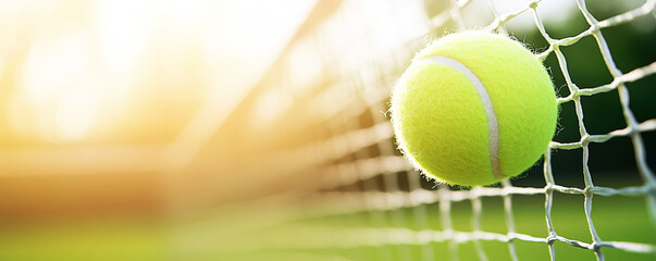 Tennis ball striking net, sunlight casting dramatic shadows during intense match, capturing dynamic sporting moment