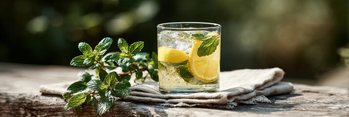 Refreshing summer drink with lemon and mint on rustic table for natural hydration in hot weather, banner