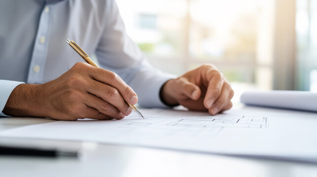 Architect designing structural blueprint with pencil, drafting technical plans at workplace, engineering visualization