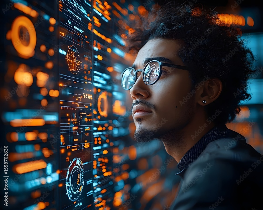 Poster man analyzing data and technology on a digital interface
