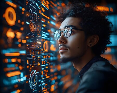 Man analyzing data and technology on a digital interface