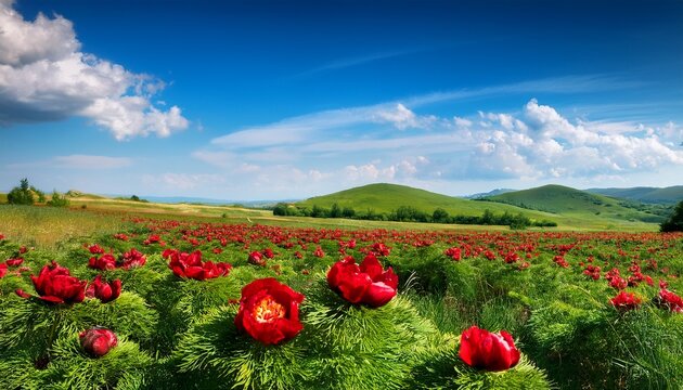 red steppe peony flower field in transylvania romania the steppe peony nature reserve in zau de campie