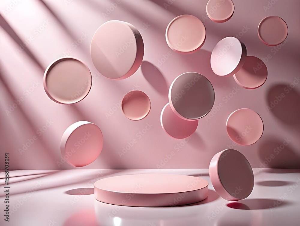 Fototapete pink geometric shapes float above a matching podium in a studio setting