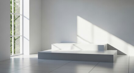 Minimalist room with a window and platforms illuminated by natural light