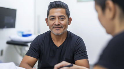 Healthcare worker documenting medical interview with homeless patient inside mobile clinic, offering compassionate community support