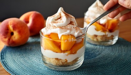 homemade peach shortcake trifle cup with fresh peaches and whipped cream taking with a fork for eating close up
