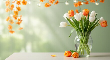White and orange tulips in a glass vase on a white surface, with orange flowers and lights in the background.