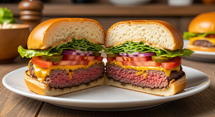 A mouthwatering burger cut in half, showcasing the juicy ingredients.