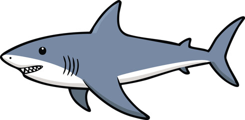 Cartoon illustration of a great white shark swimming, showcasing its streamlined body and sharp teeth.