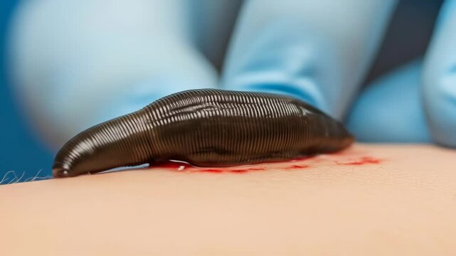 Medical leech attached to human arm for hirudotherapy, bloodsucking treatment for well-being. Healthcare footage.