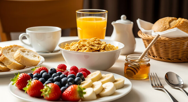 A delicious and healthy breakfast with fruit, cereals and juice.