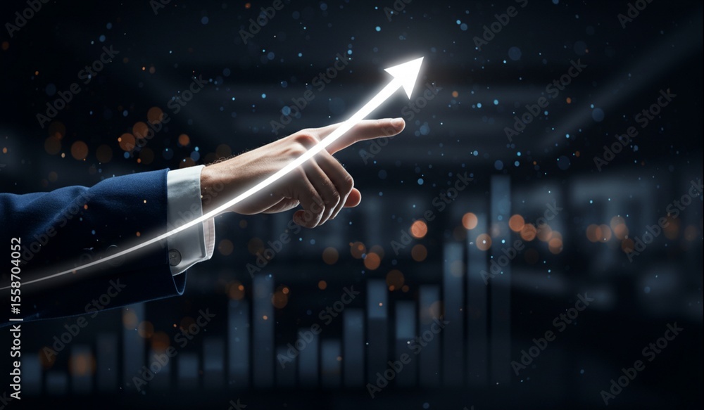 Poster hand pointing towards an upward trending arrow, symbolizing growth and success against a backdrop of