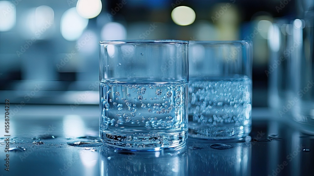 Poster water-filled lab glassware close-up in science laboratory setting with soft lighting and clean backg
