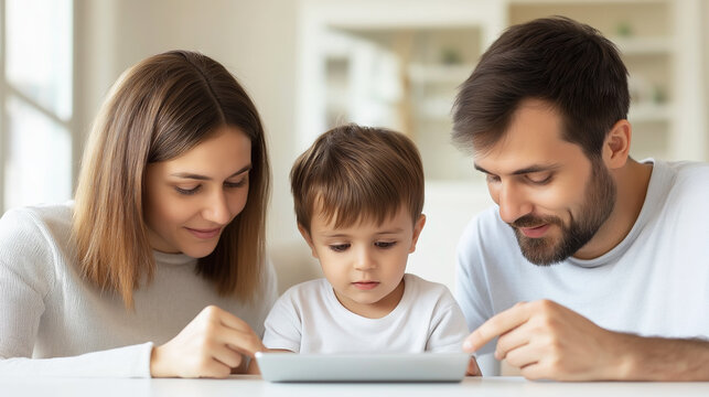 Happy family enjoying time together, browsing for a new home online with their real estate agent while using a tablet