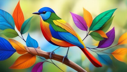 colorful stylized bird perched on a branch with abstract leaves