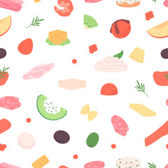 Cut food ingredients seamless pattern. Salmon slice, caviar, cheese and jamon, fruits, mozzarella, mortadella, cucumber and olive. Print vector design