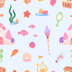 Cute elements, fish, treasure, underwater princess castle with seashells. Cartoon fairy tale seamless pattern, mermaid elements vector background