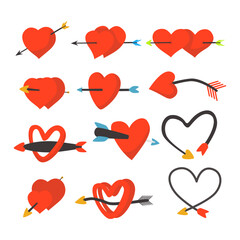Set of Red Heart with Arrow set collection, Romantic Love Symbol, Cupid Shot, Dating, Wedding, Affection, or Relationship Design, perfect for invitation and greeting card. Vector illustration