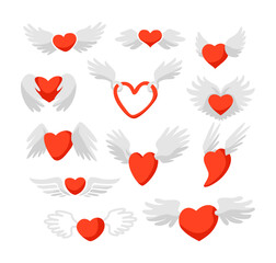 Set of Red Heart with Wings set collection, Decorative Cute Love Elements Collection, Flying Symbol, Red Romantic Sticker Design, Love symbol for greeting cards illustration vector