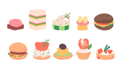Different mini snacks for buffet or party. Breakfast sandwiches, burgers. Tasty food with bread cheese shrimp bacon caviar, vector clipart