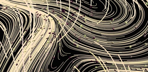 Swirling beige lines and dots on a black background.  Modern abstract art.